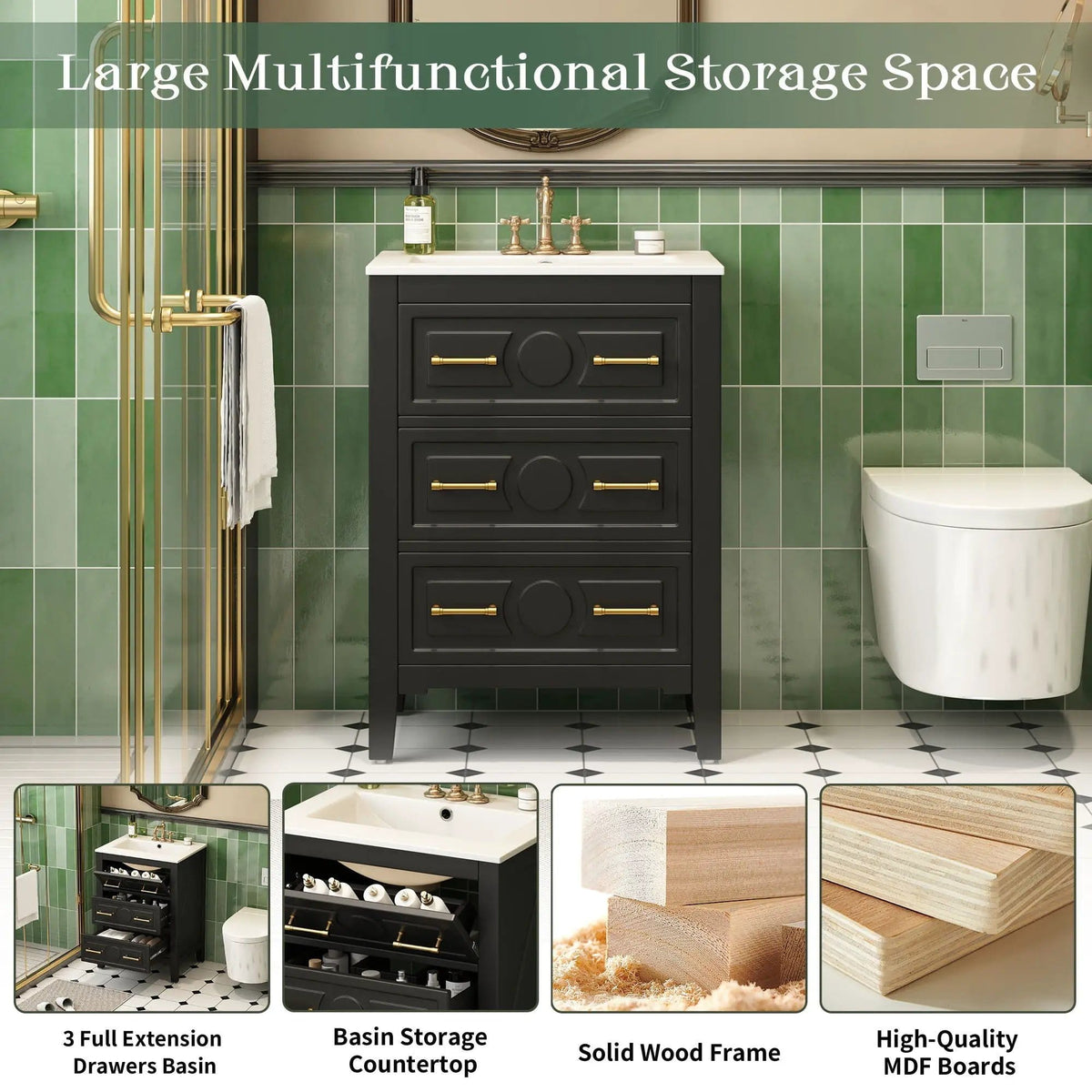 Bathroom Vanity With Sink, Free Standing Single Set, 3 Drawer Storage Cabinet | 2 Pieces | Solid Wood & Ceramic | Bathroom