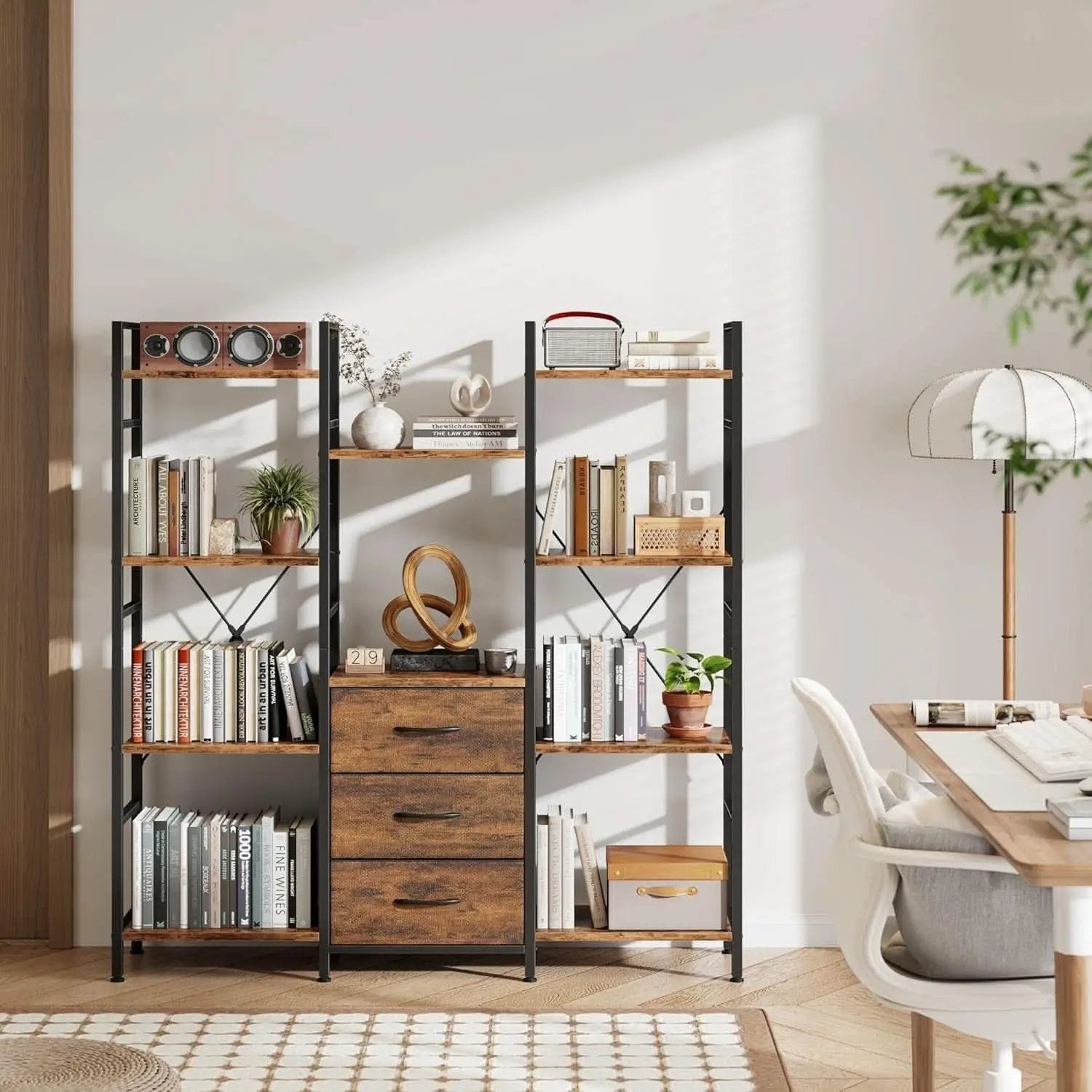 Rustic Brown Triple Bookshelf With Drawers 47 Inch Wide from PriceLows™