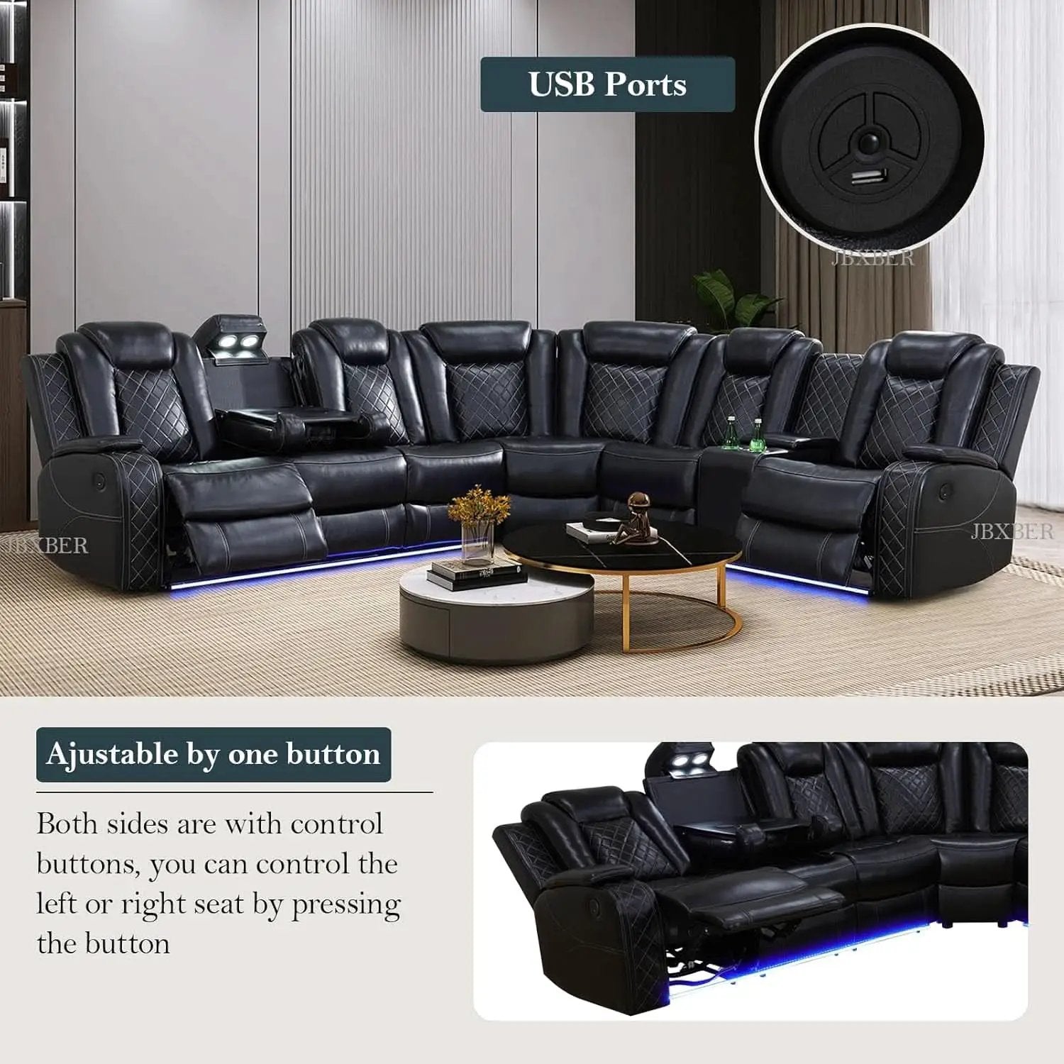 Power Recliner Sectional Sofa Set In Black With Led Lights from PriceLows™