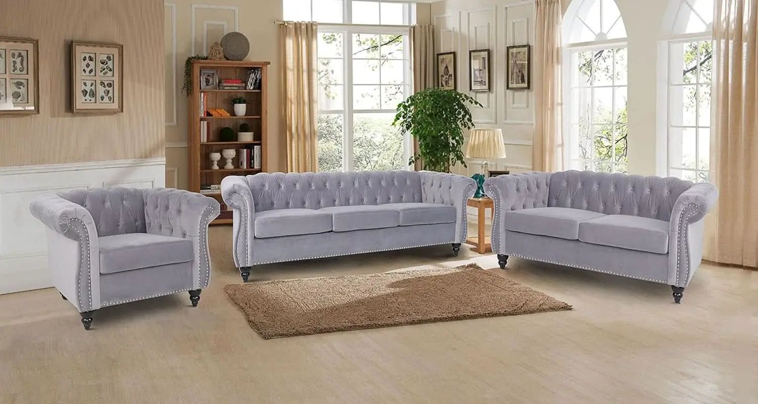 Three Piece Living Room Sofa Set Grey Velvet Chesterfield Sofa Club Chair Loveseat Nailhead Trim from PriceLows™