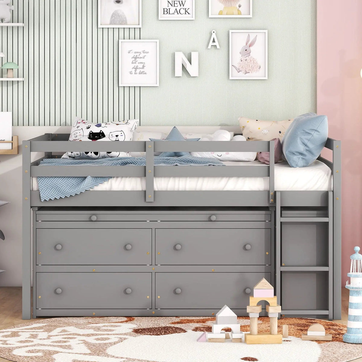 Loft Bed With Retractable Desk | 4 Front Drawers | Lateral Portable Desk | Side Shelves
