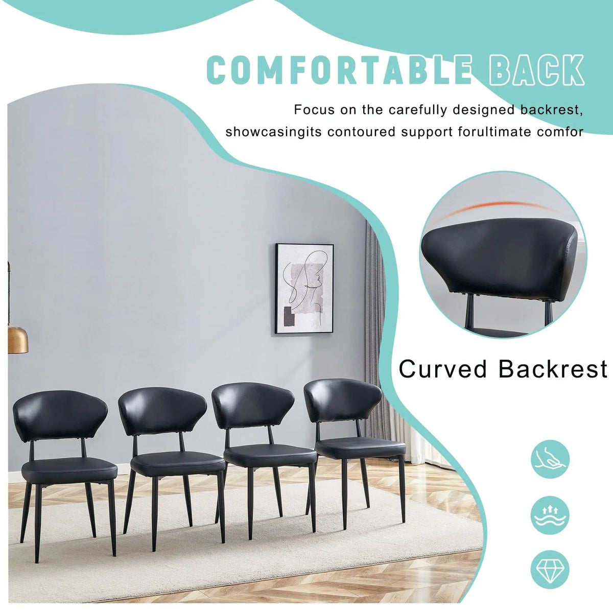 Minimalist Ergonomic Dining Chair With Curved Backres (Set of 4) | 2 Pieces | Metal | Dining Room
