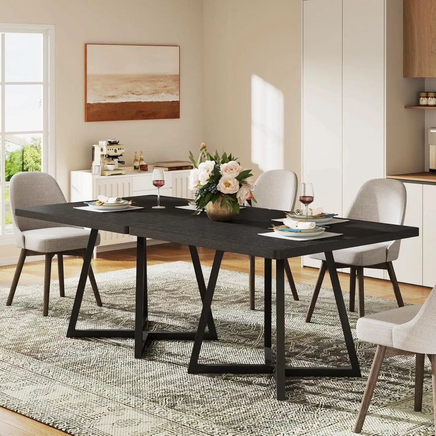Square 31.5 Inch Industrial Dining Table Black Wood Panels from PriceLows™