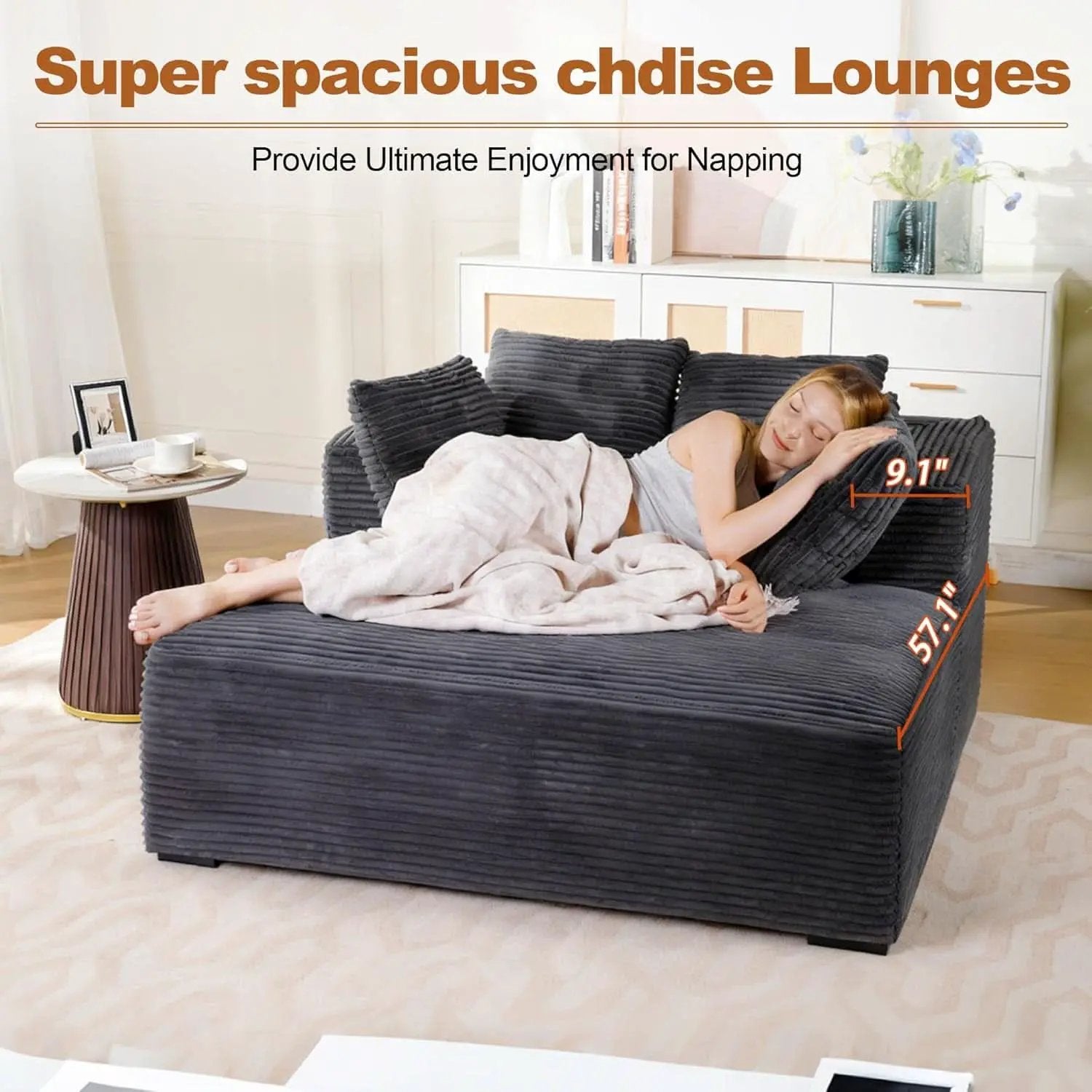 57Inch Luxuriously Plush Corduroy Chaise Lounge Grey from PriceLows™