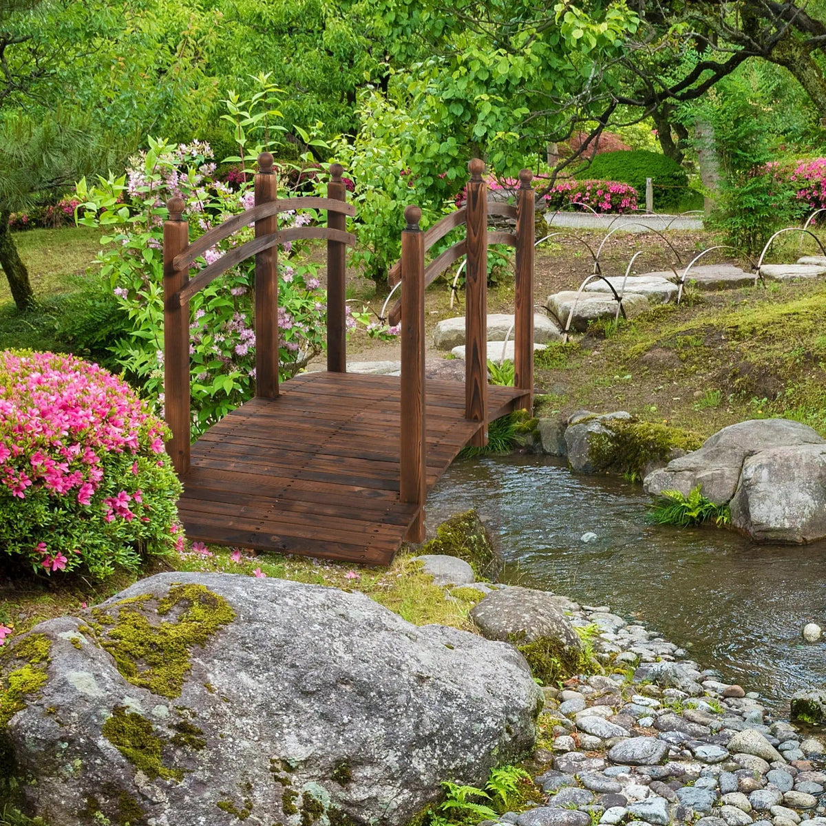 Outsunny Fir Wood Garden Bridge Arc Walkway With Side Railings, Perfect For | 89.75 x 29.5 x 43.25 in | Wood | Brown