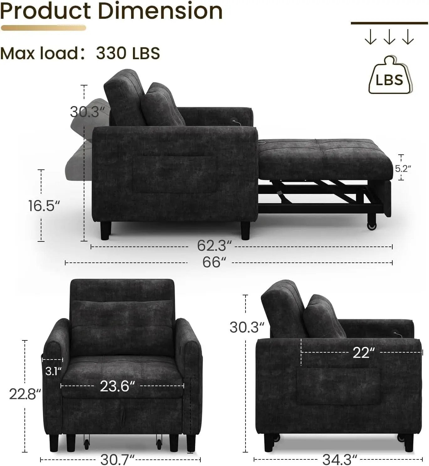 Black Upholstered Sleeper Chair Pull Out Bed For Small Rooms from PriceLows™