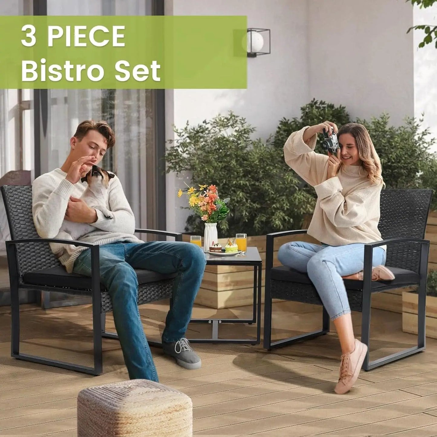 Three Piece Wicker Patio Bistro Set With Coffee Table Black Frame For Balcony Porch And Garden Outdoor from PriceLows™