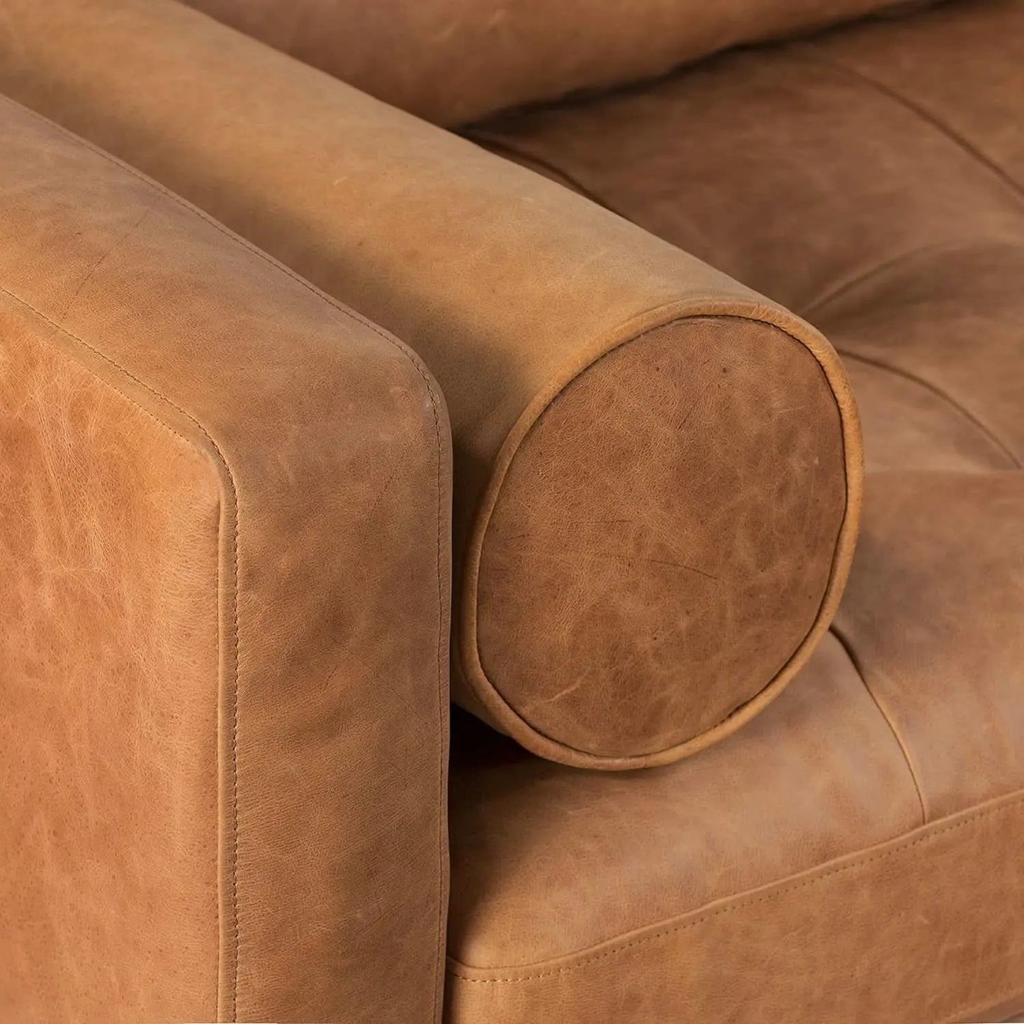 Cognac Tan Leather Mid Century Sofa With Bolsters In Stock from PriceLows™