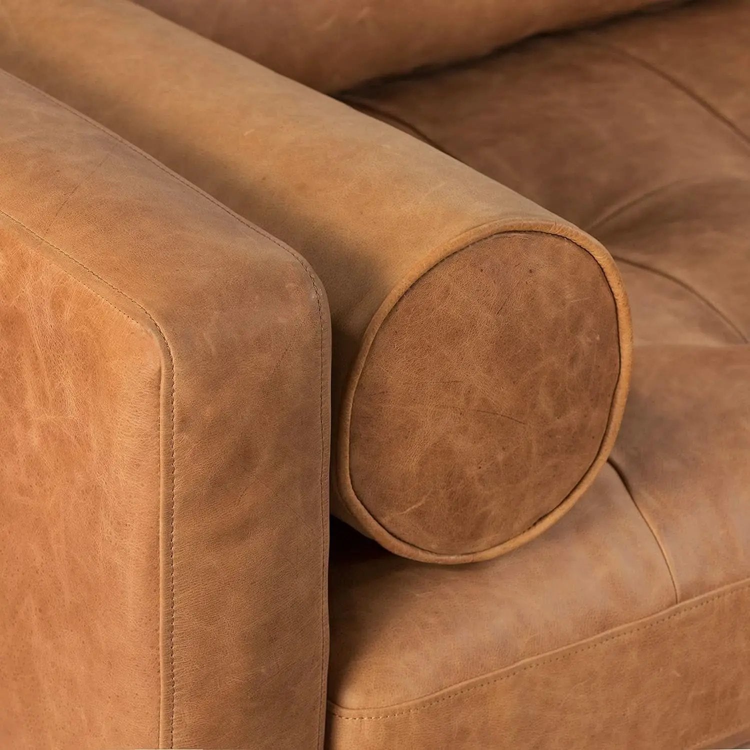 Cognac Tan Leather Mid Century Sofa With Bolsters In Stock from PriceLows™