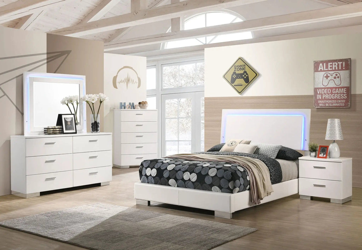 Felicity 5-piece Full Bedroom Set White High Gloss | 5-Piece Set | Faux Leather | Bedroom