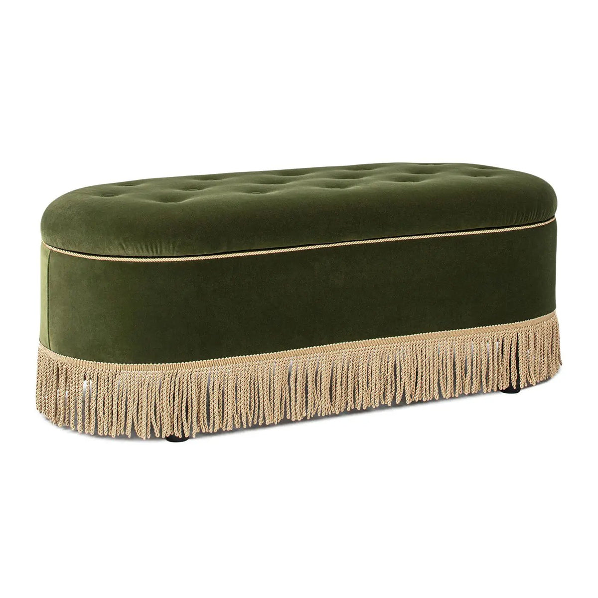 Melinda Oval Storage Bench | Button Tufted Seat | Bullion Fringe | Flip-Top Compartment