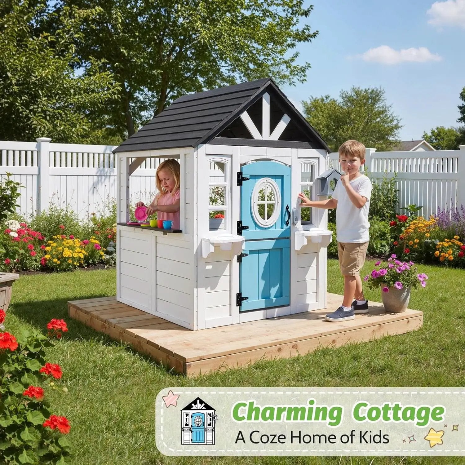 Natural Cedar Outdoor Kids Playhouse With Kitchenette from PriceLows™