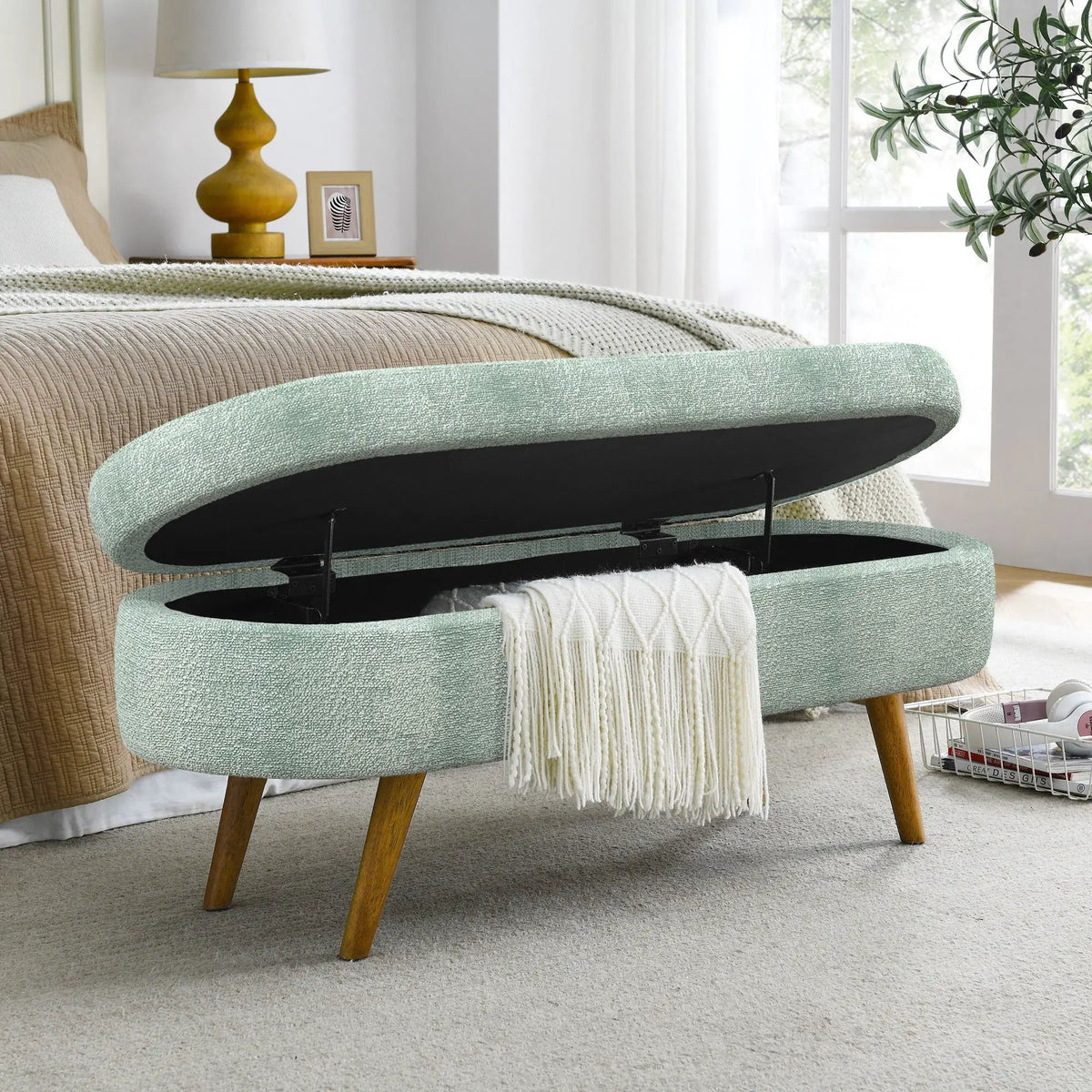 Oval Storage Ottoman Bench | Rubber Wood Legs | Pleated Dark Fabric | Footstool Or Extra Seating