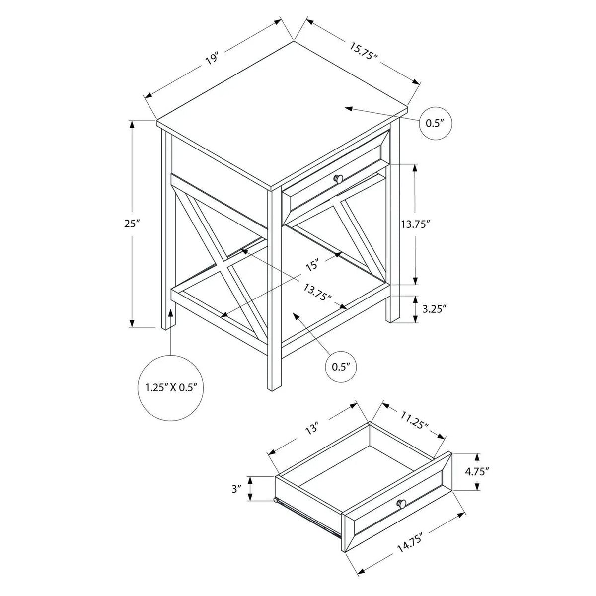 2-Tier Accent End Table | 25 Inch Height | Paneled Storage Drawer | Transitional Style