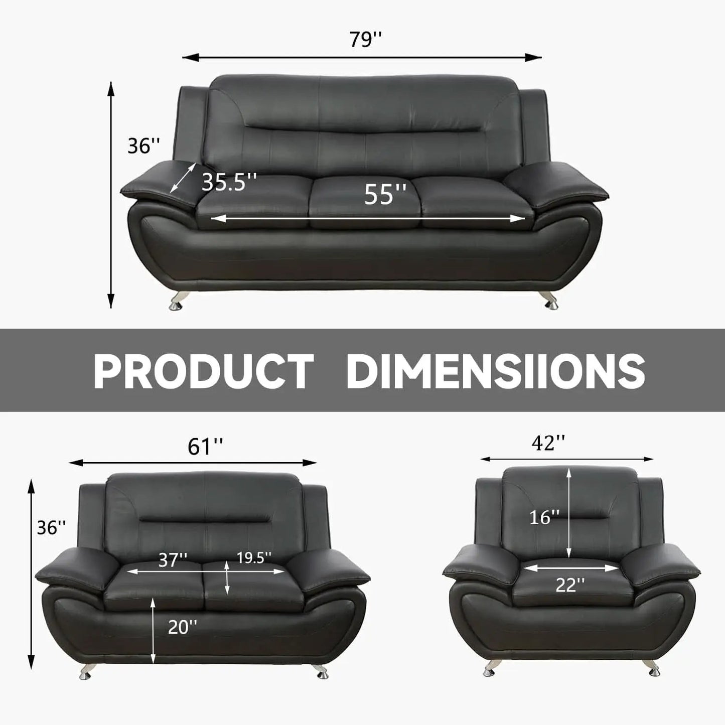 Faux Leather 3 Piece Modern Living Room Sofa Set Black from PriceLows™