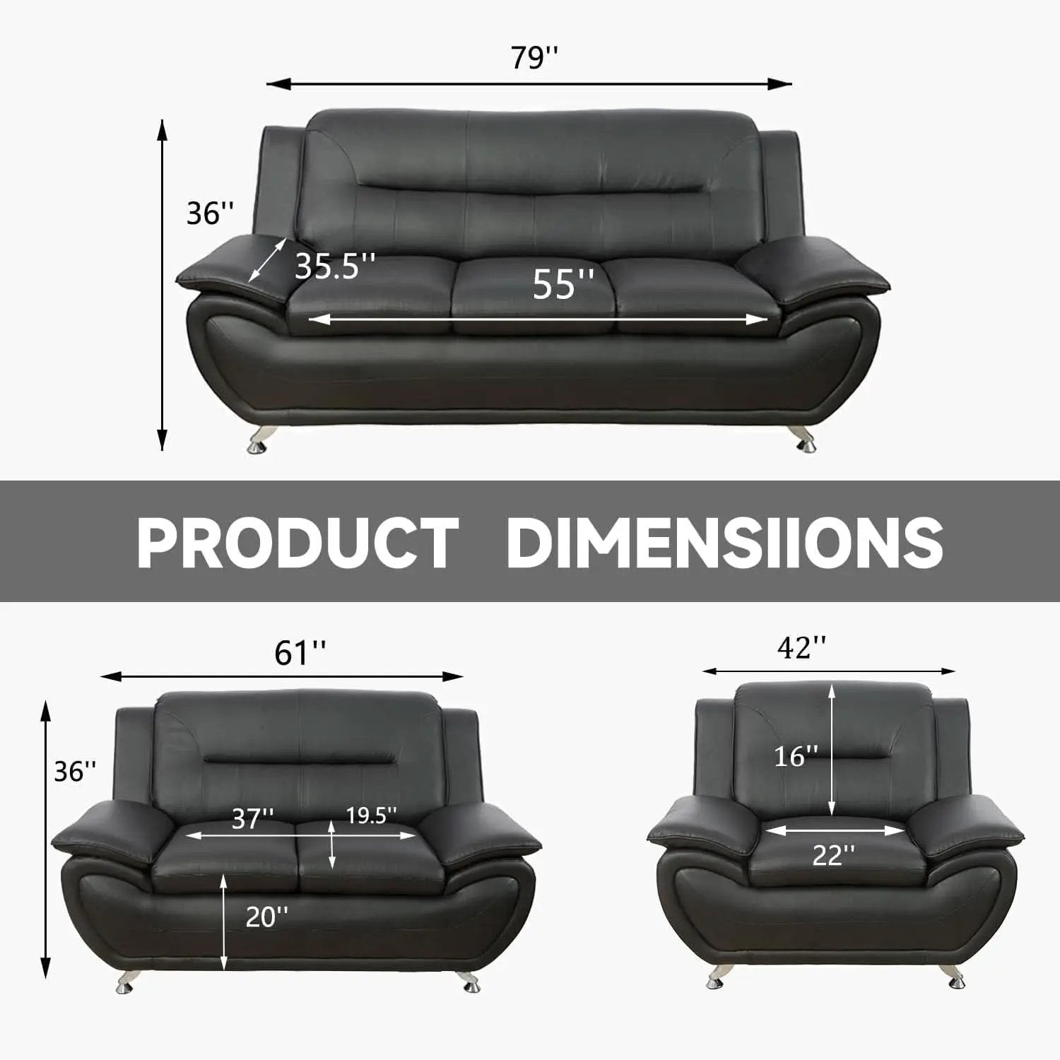 Faux Leather 3 Piece Modern Living Room Sofa Set Black from PriceLows™