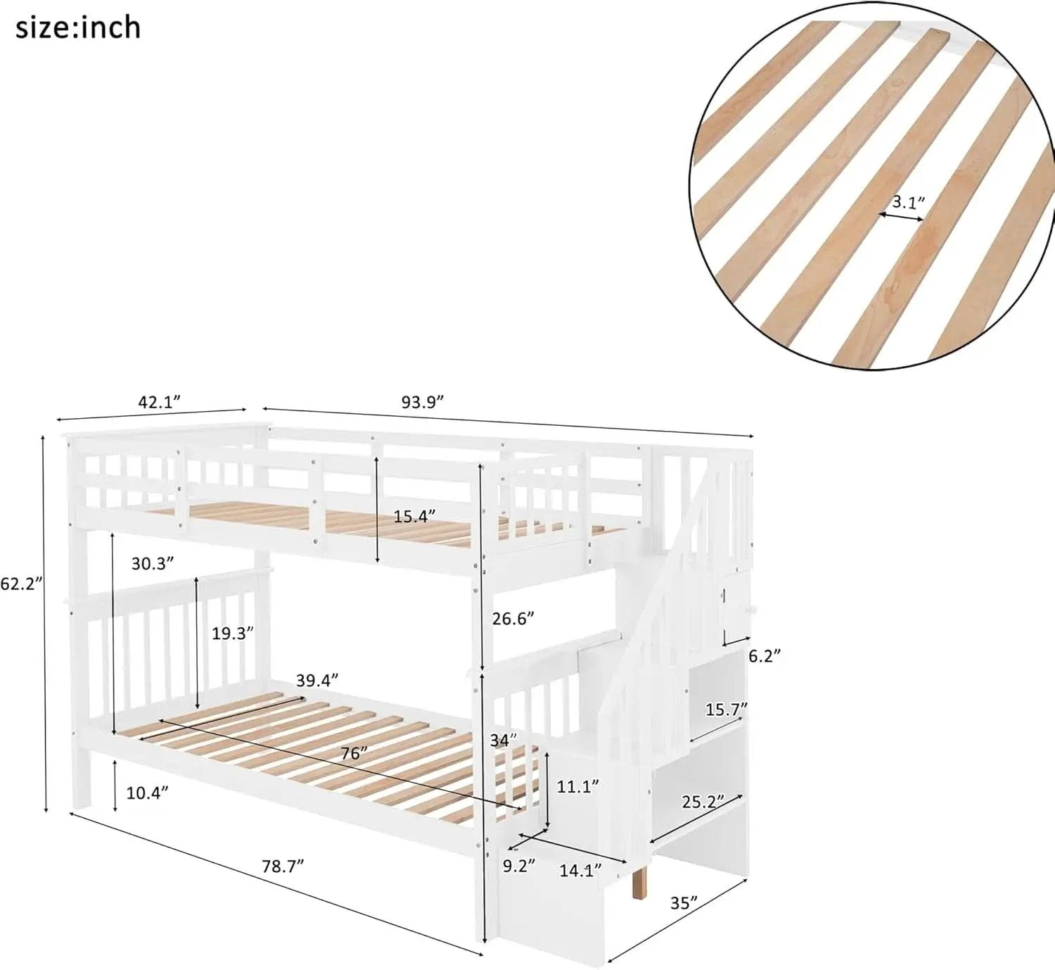 Twin Over Twin Bunk Bed With Stairs Solid Wood White from PriceLows™