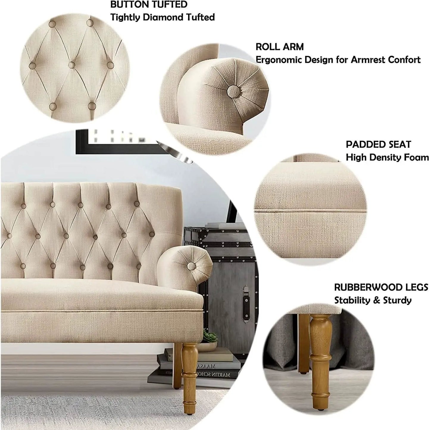 Warm Beige Tufted Loveseat Sofa Set With Rolled Arms And Linen Fabric from PriceLows™