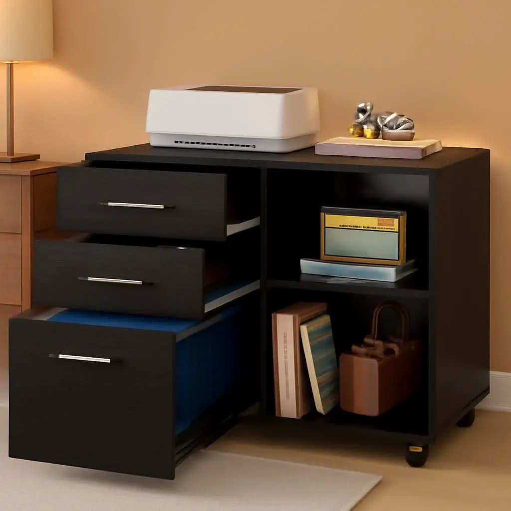 Black 3 Drawer Mobile File Cabinet And Printer Stand With Open Shelves Wood Lateral Filing Cabinet For Home Office from PriceLows™