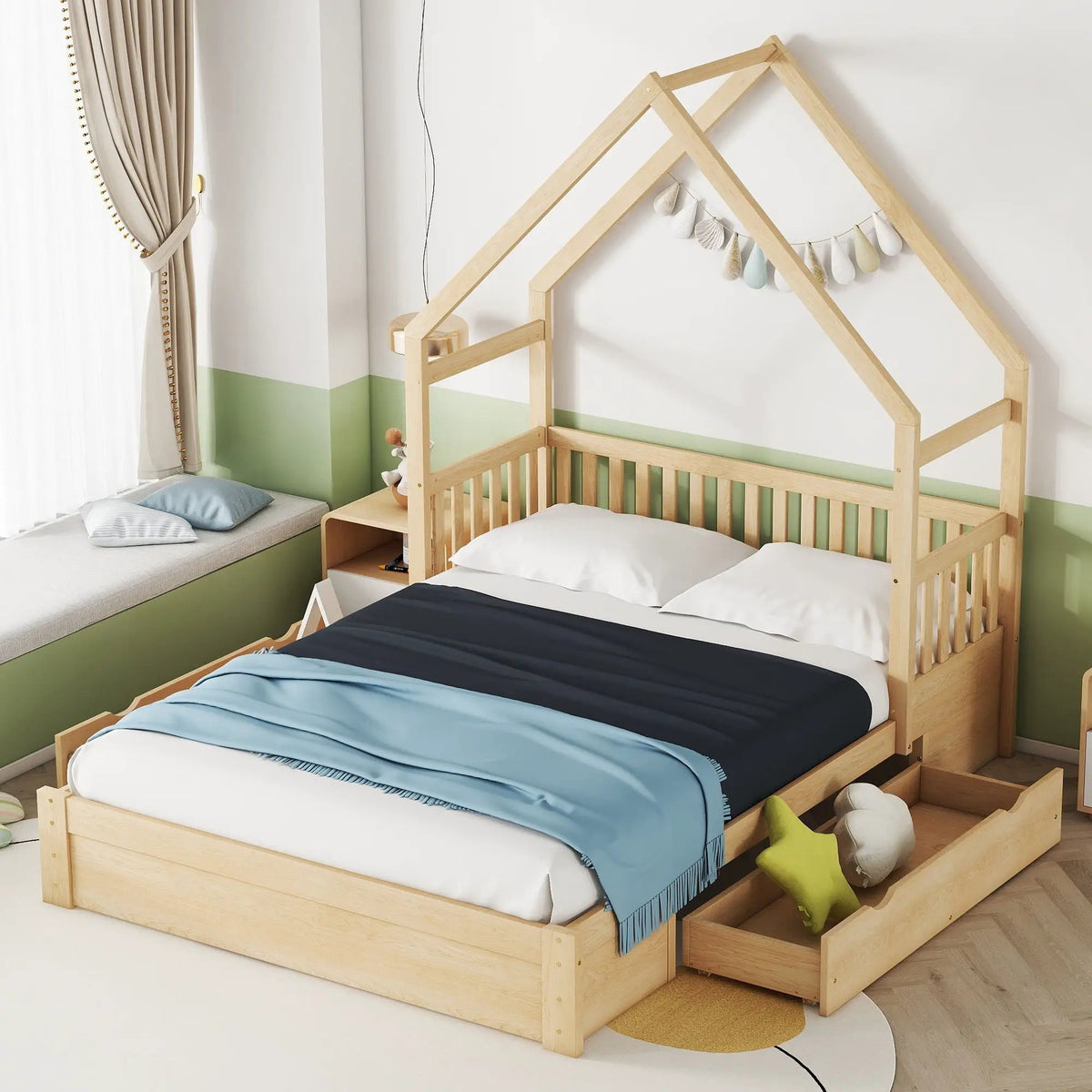 Platform Bed | Solid Pine Frame | Full Guardrail | 2 Drawers