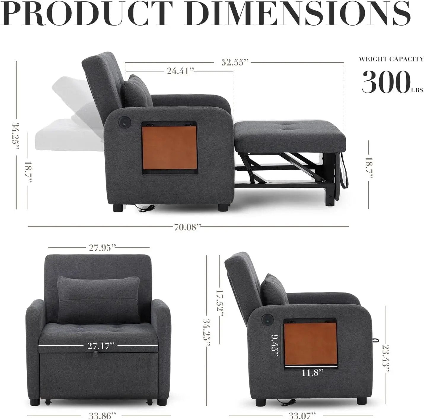 Convertible Sleeper Armchair Charcoal Gray USB Port from PriceLows™
