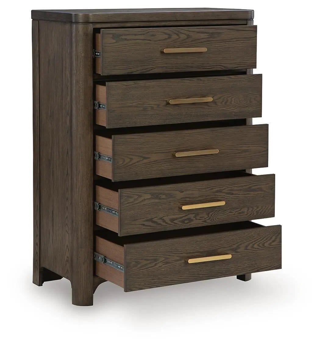 Radkin Five Drawer Chest | 38 x 19.5 x 52.25 in | Oak Veneer & Metal | Burnished Brown