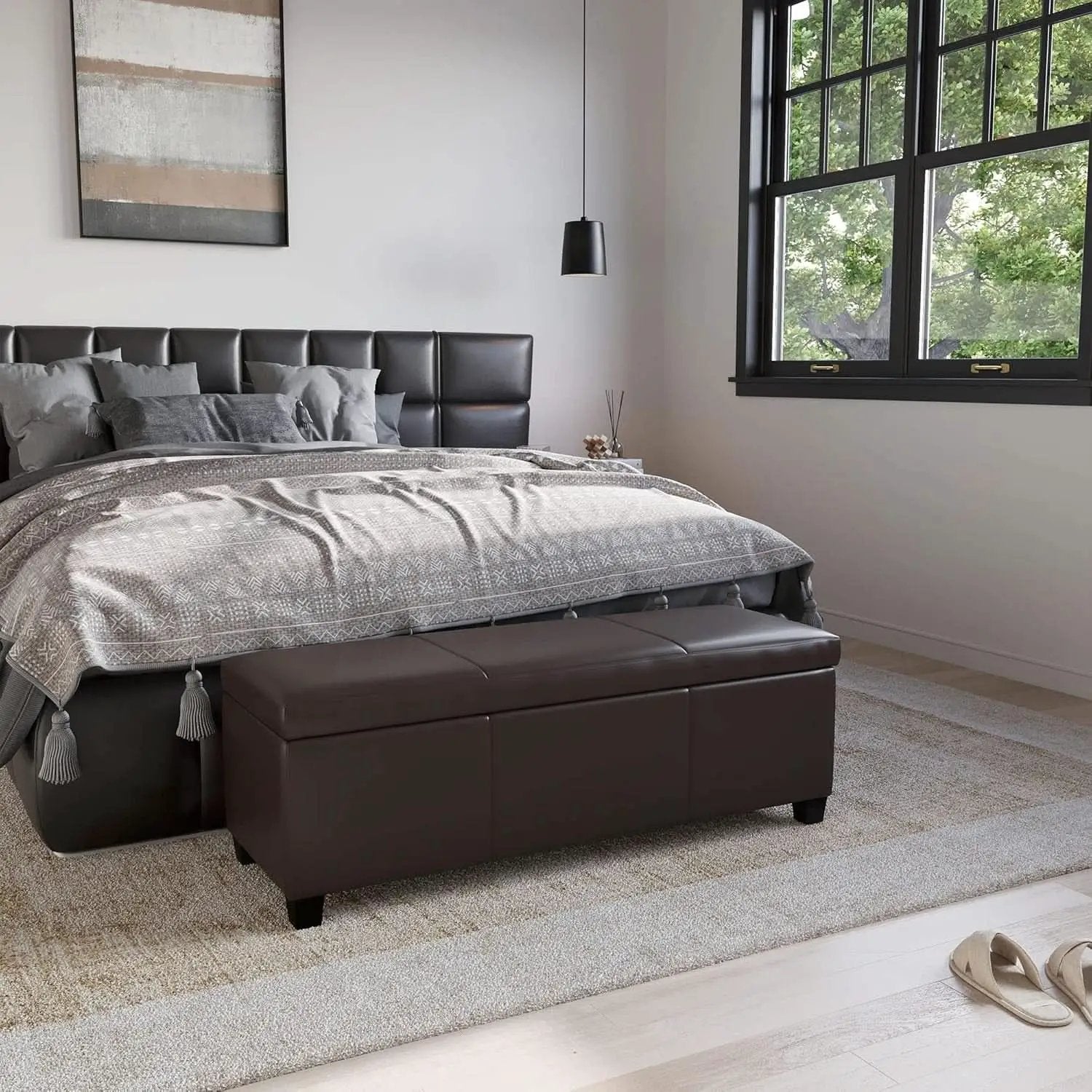 47 Inch DarkBrown Leatherette Storage Ottoman Bench from PriceLows™