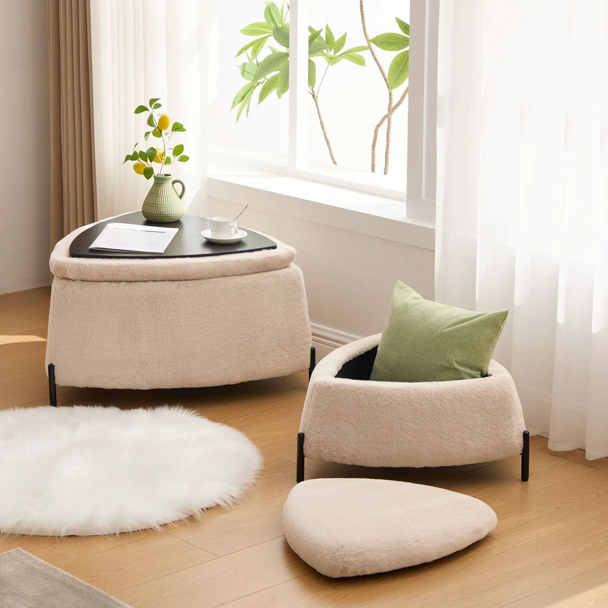 Storage Ottoman Set | Upholstered Faux Fur | Reversible Lid | Solid Wood Frame
