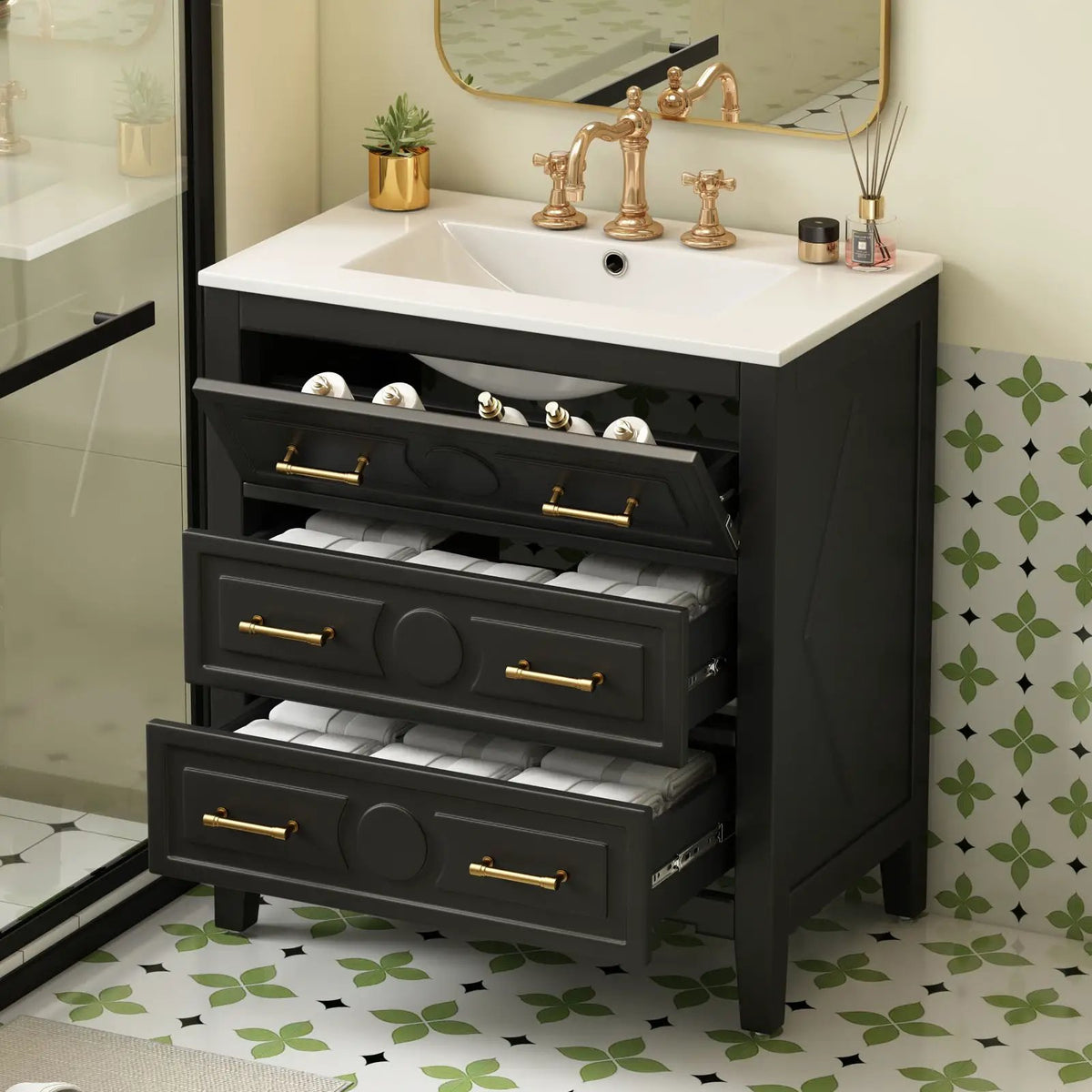 30 Inch Retro Bathroom Vanity | Free Standing Single Set | 3 Drawers | Solid Wood Frame