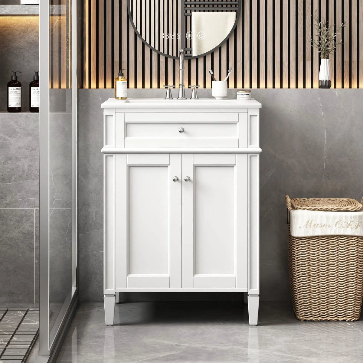 24 Inch Bathroom Vanity | 2 Doors | Tip Out Drawer | Soft Closing Hinges