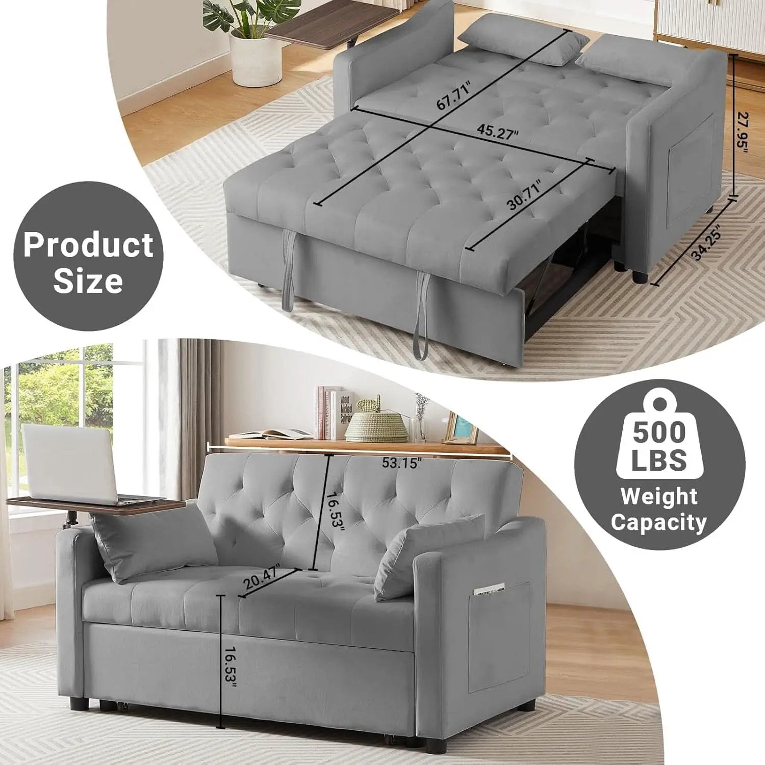 Grey Adjustable Backrest Convertible Sleeper Sofa Bed from PriceLows™