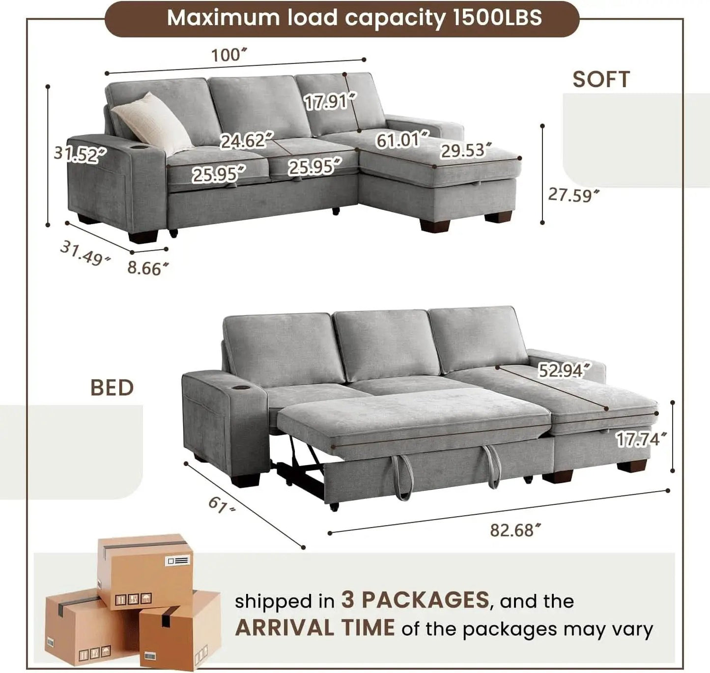 Gray 99In LShaped Memory Foam Cushion Sleeper Sofa Covers from PriceLows™