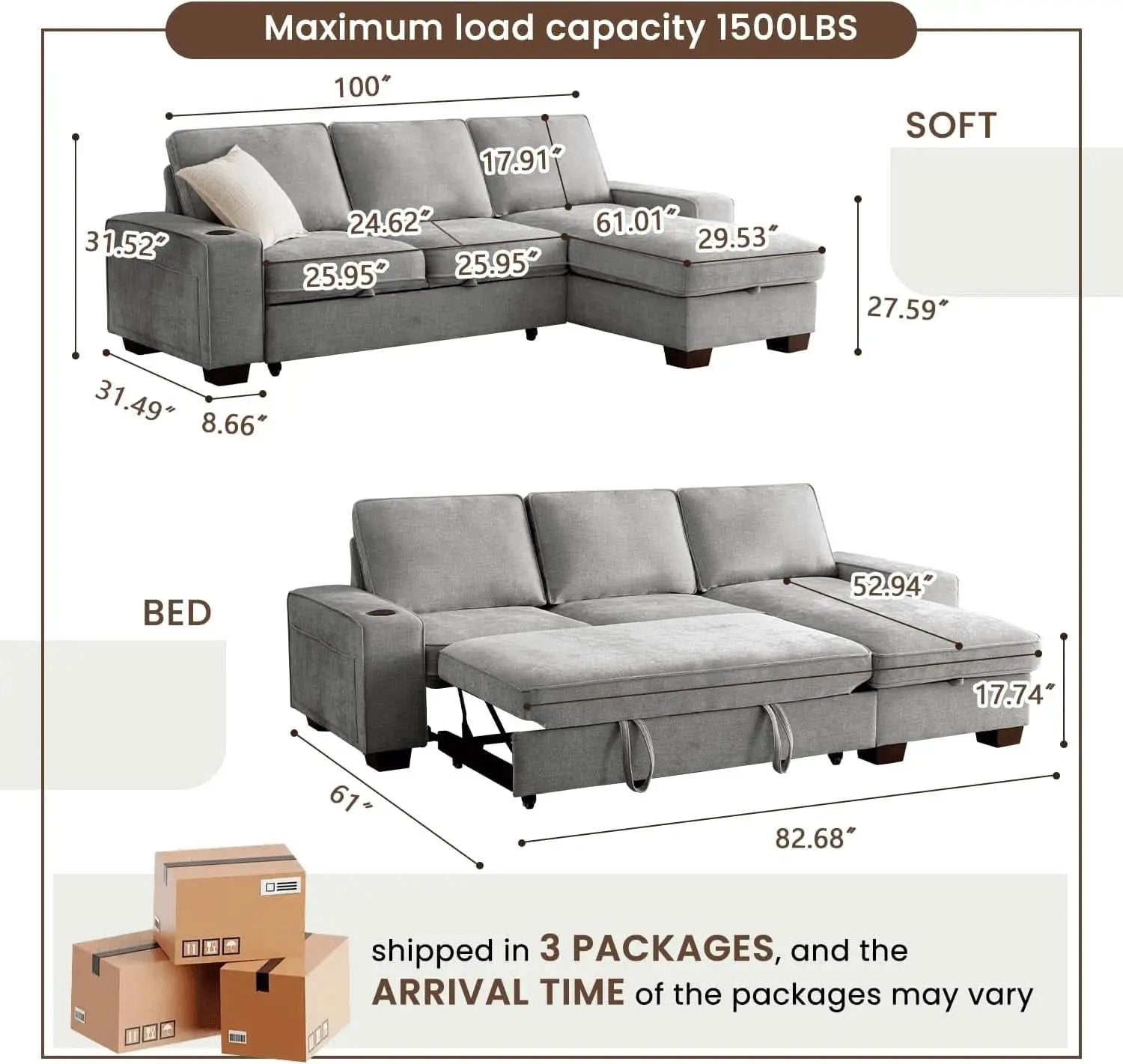 Gray 99In LShaped Memory Foam Cushion Sleeper Sofa Covers from PriceLows™