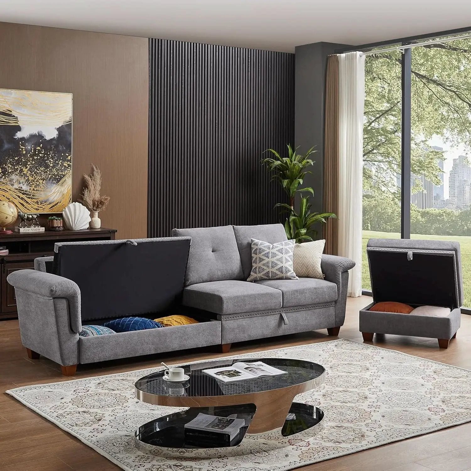 Light Grey Microfiber Sectional Sofa With Storage Ottoman from PriceLows™
