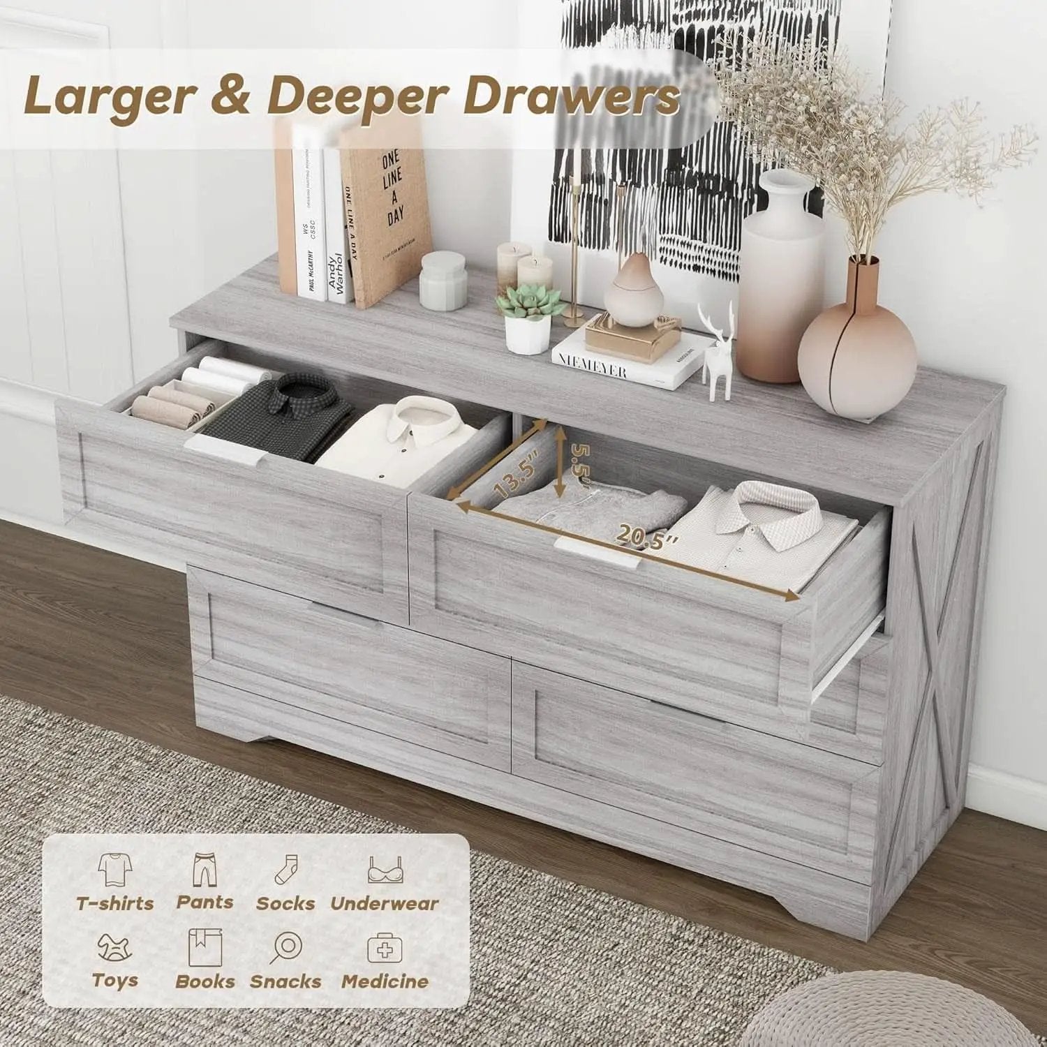 Wash Grey Six Drawer Contemporary Hardwood Dresser from PriceLows™