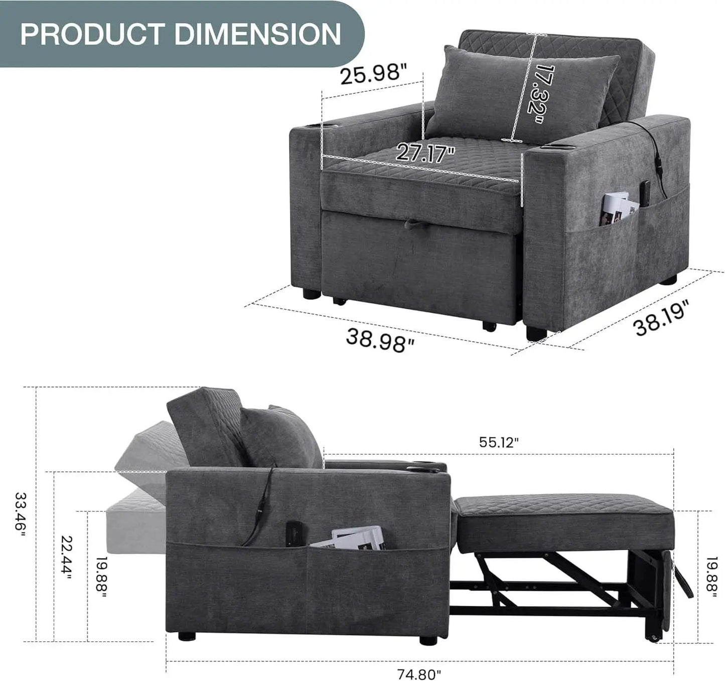 Light Grey Multifunctional Convertible Sofabed With Massage from PriceLows™