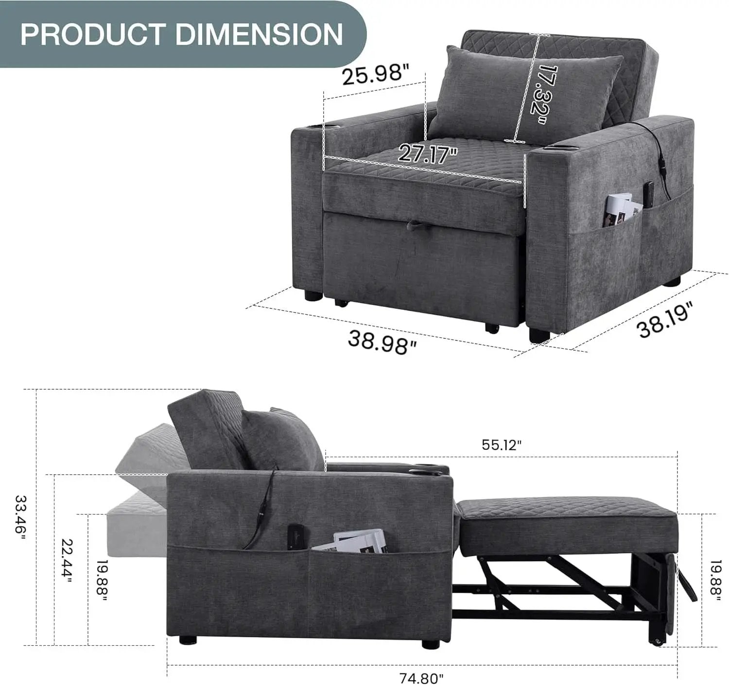 Light Grey Multifunctional Convertible Sofabed With Massage from PriceLows™