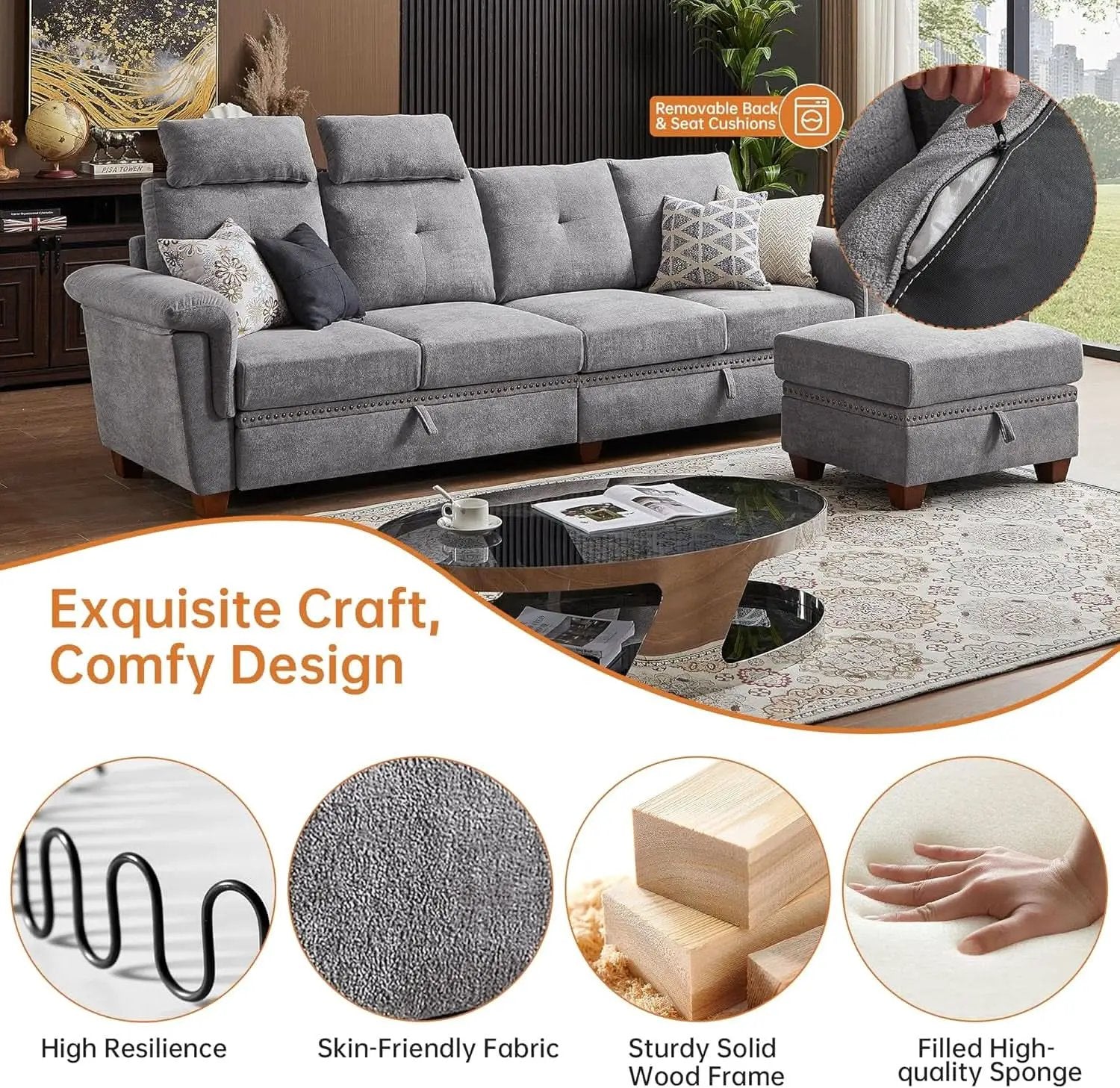 Light Grey Microfiber Sectional Sofa With Storage Ottoman from PriceLows™