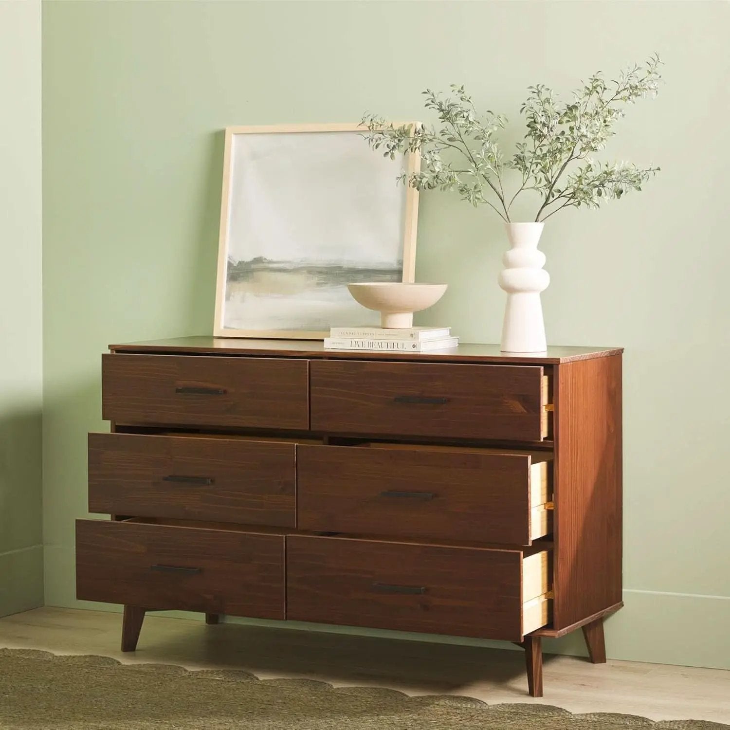 6 Drawer Solid Pine Wood Dresser With Walnut Finish from PriceLows™