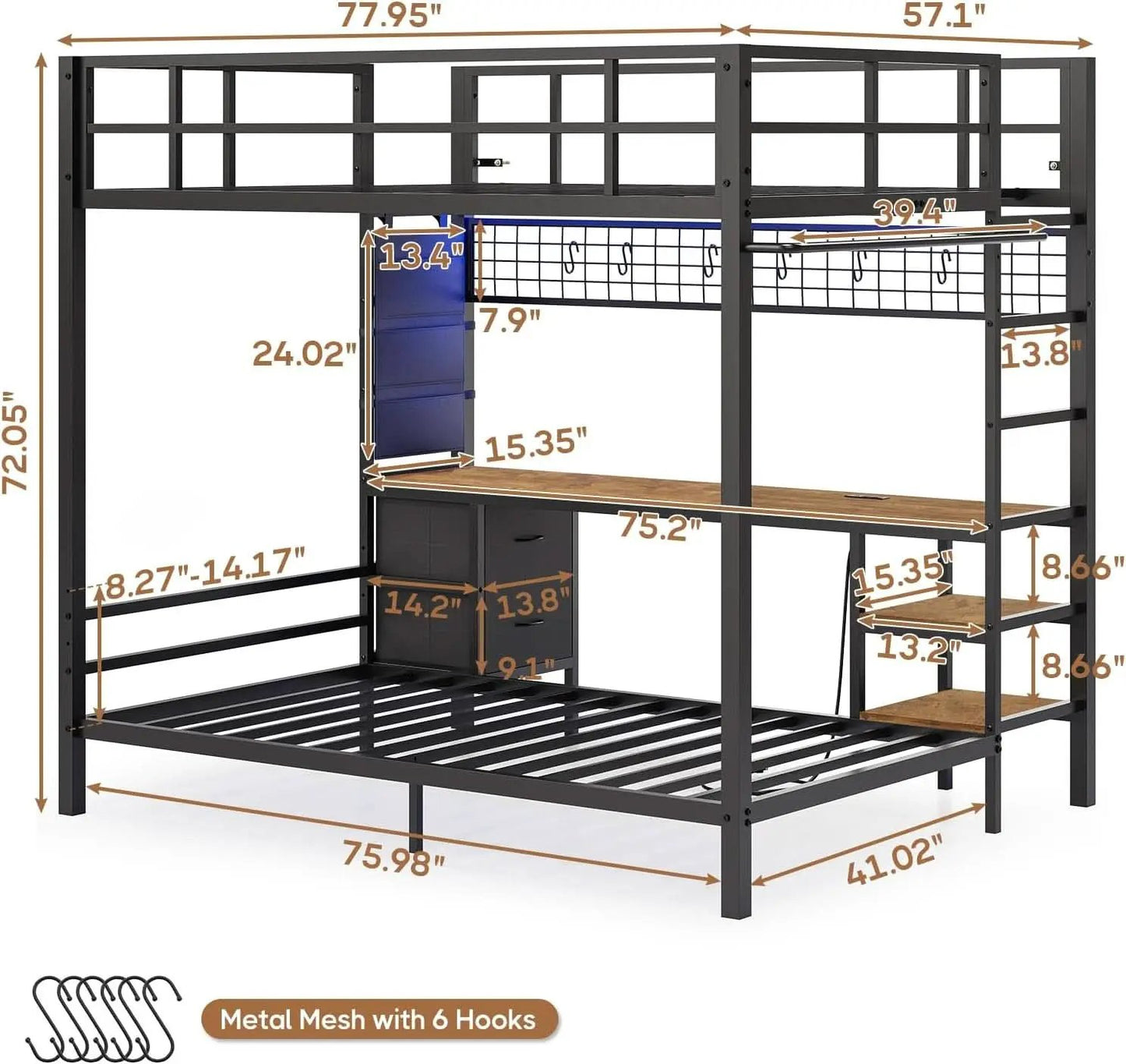 Black Full Over Twin Metal Bunk Bed With Desk LED Lights from PriceLows™