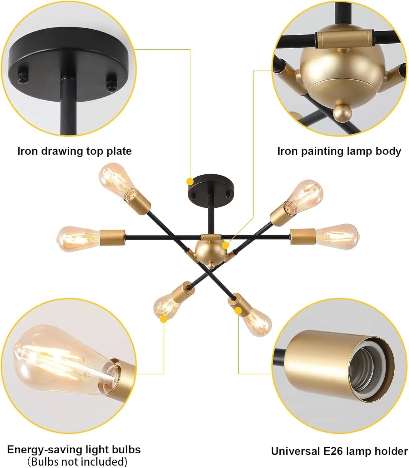 Black And Gold 6 Light Sputnik Ceiling Chandelier Semi Flush Mount UL Listed from PriceLows™