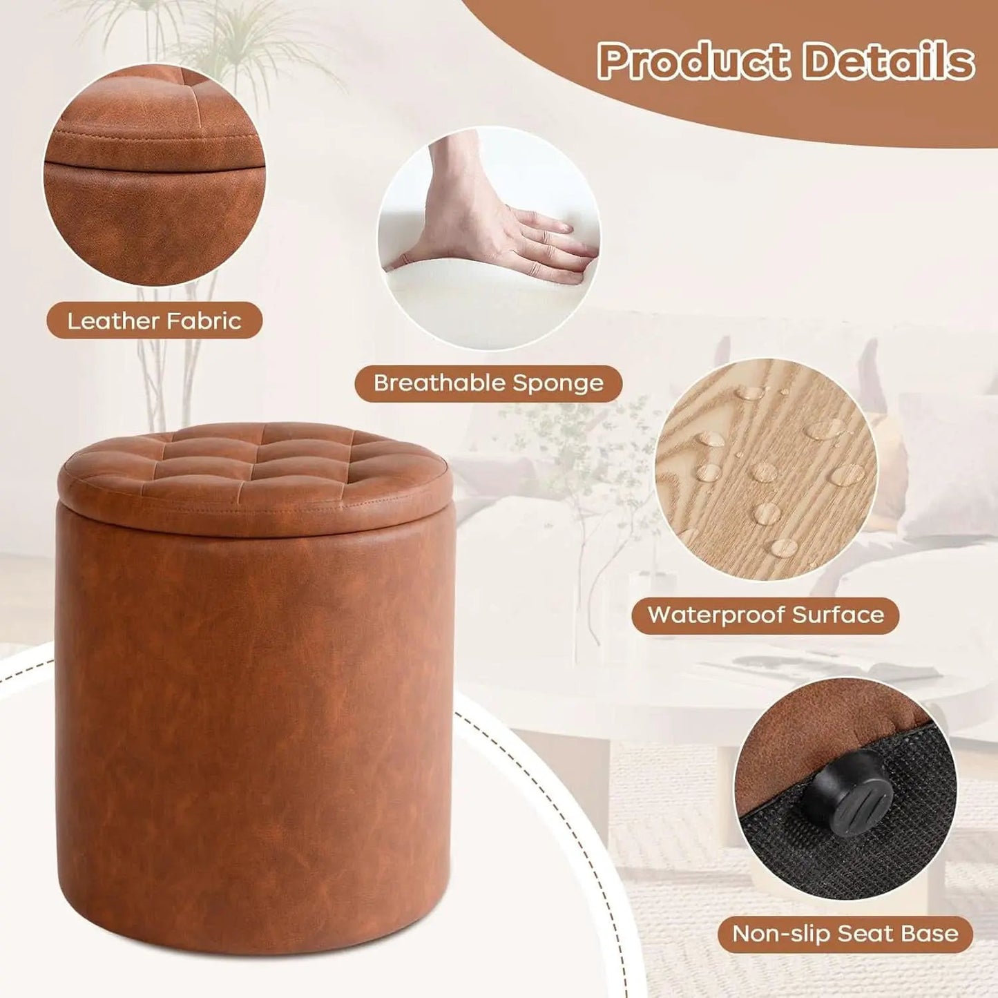 Dark Brown Faux Leather Round Storage Ottoman from PriceLows™