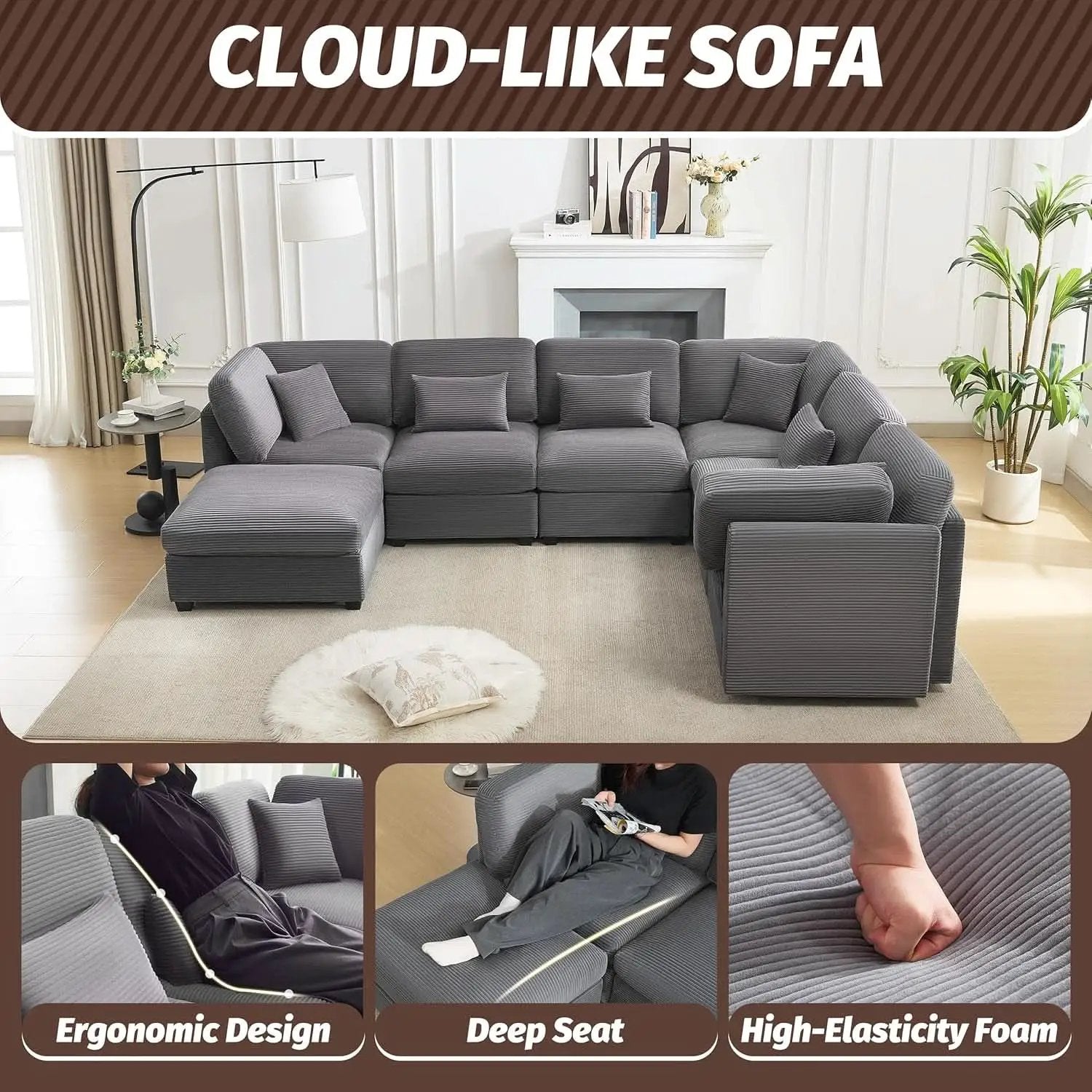 125Inch Oversized Corduroy Cloud Sleeper Grey Sofa from PriceLows™