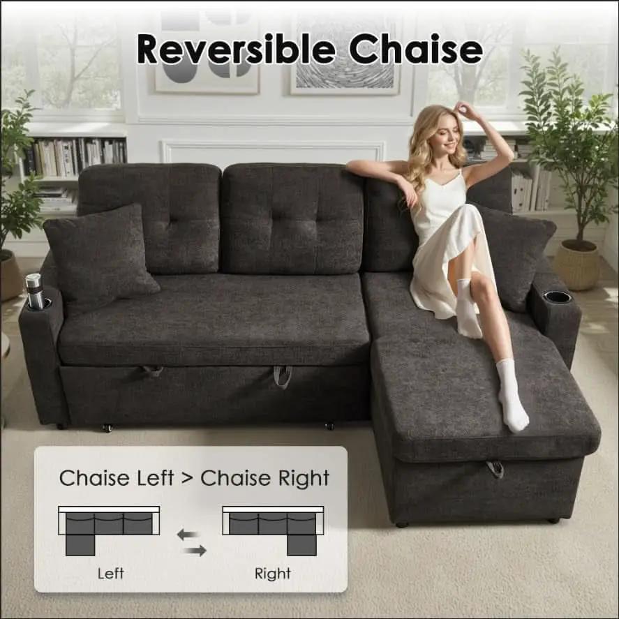 Dark Grey Microfiber Reversible Sectional Sofa Bed With USB from PriceLows™