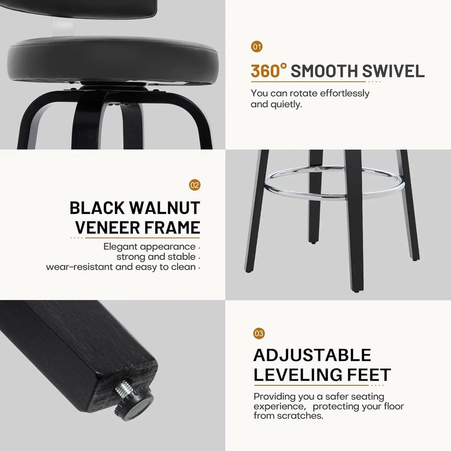 29 Inch Counter Height Black Faux Leather Swivel Bar Stools With Back Set Of 3 from PriceLows™