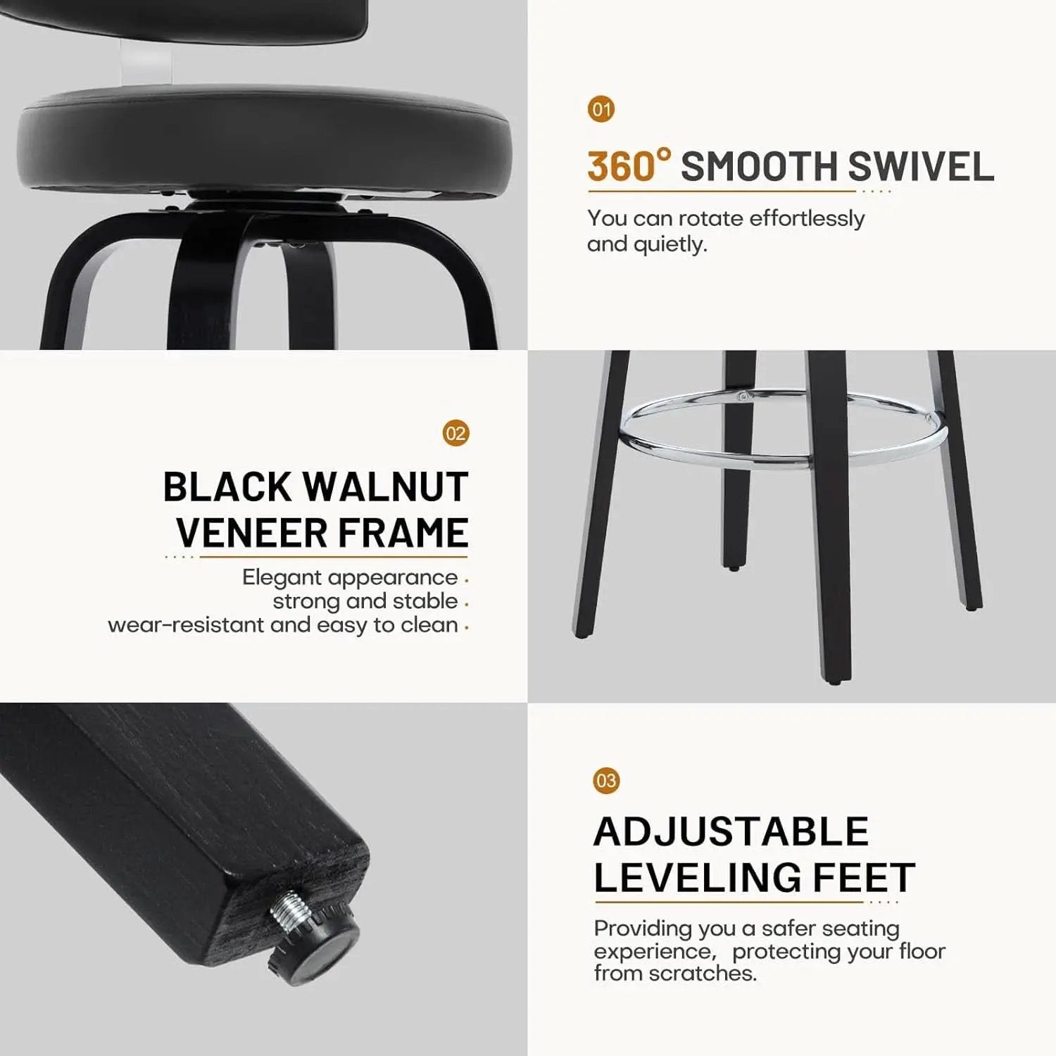 29 Inch Counter Height Black Faux Leather Swivel Bar Stools With Back Set Of 3 from PriceLows™