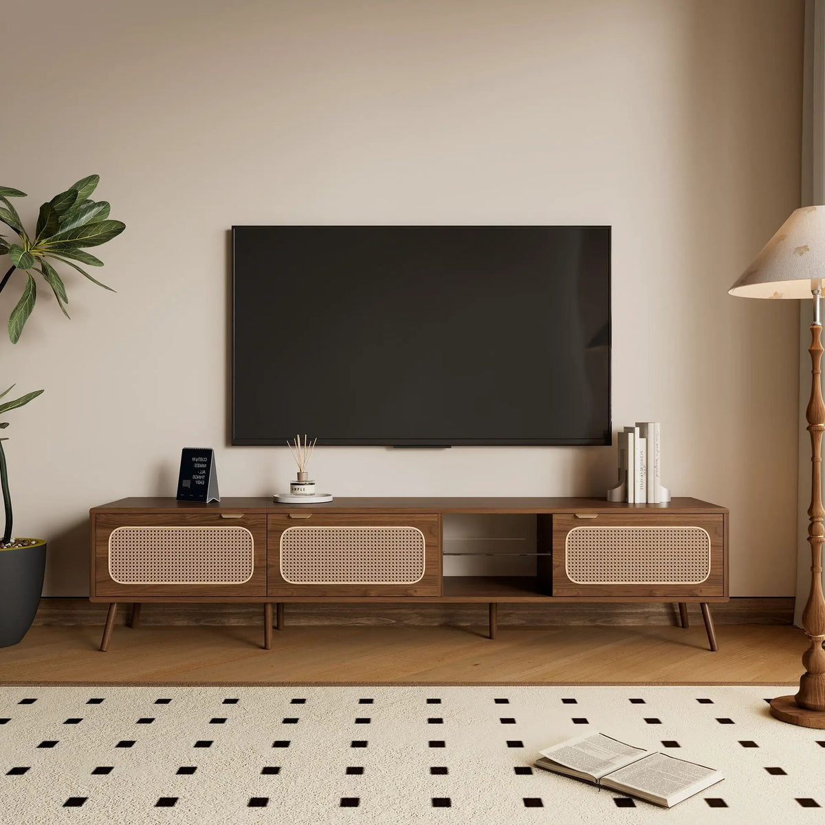 TV Stand | 78 Inch Wide | Rattan And Glass | Walnut Finish