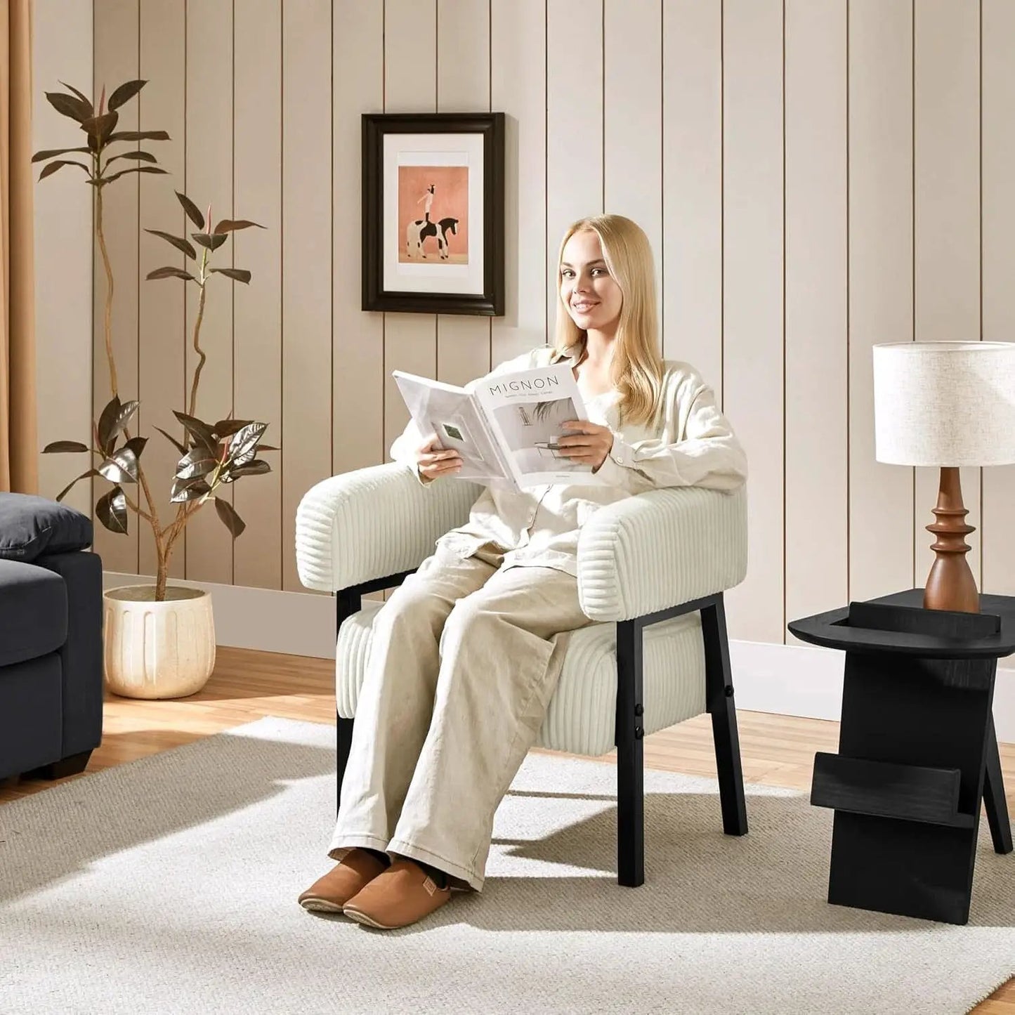 Beige Corduroy Barrel Chair Set Of 2 With Wood Legs from PriceLows™