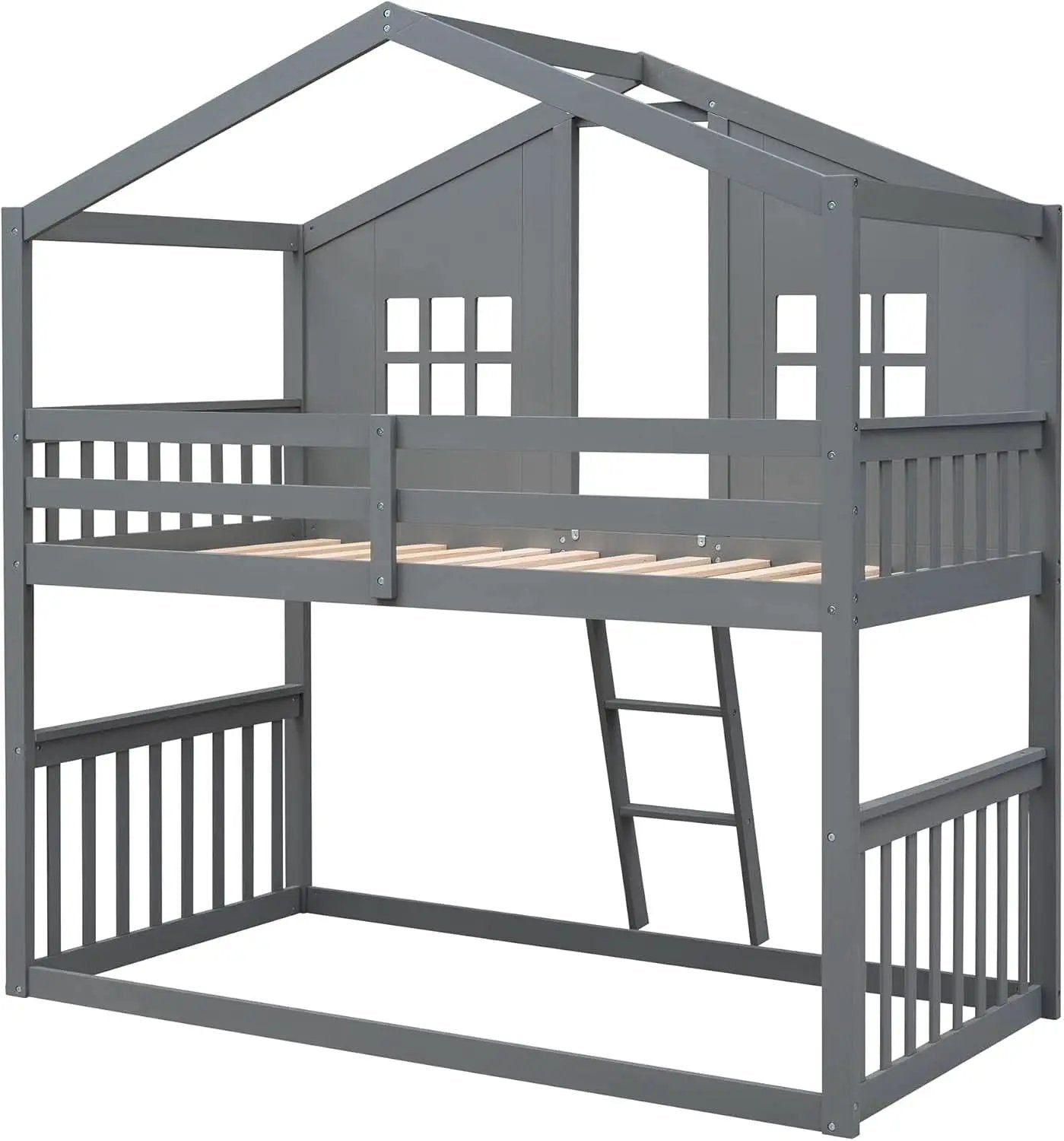 Gray Twin Over Twin House Bunk Bed With Roof For Kids from PriceLows™
