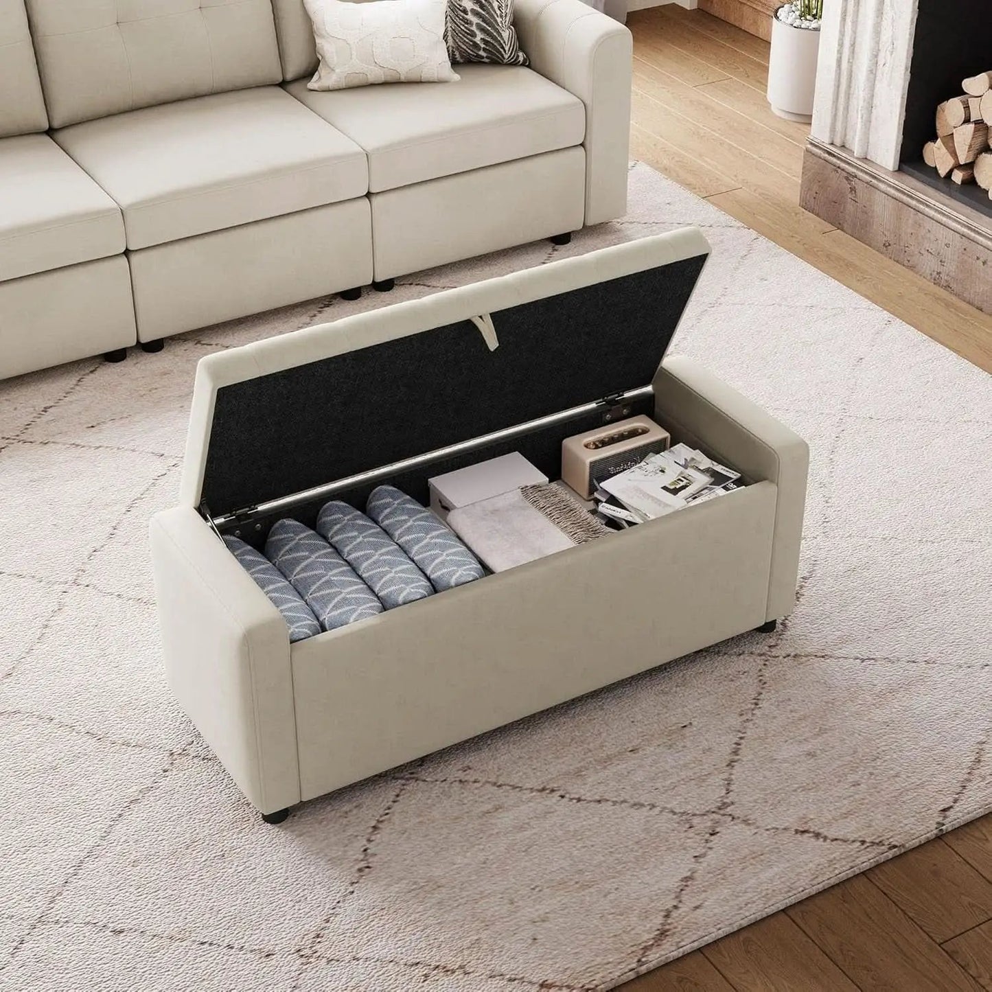 Fifty Inch Upholstered Storage Ottoman Bench Beige from PriceLows™